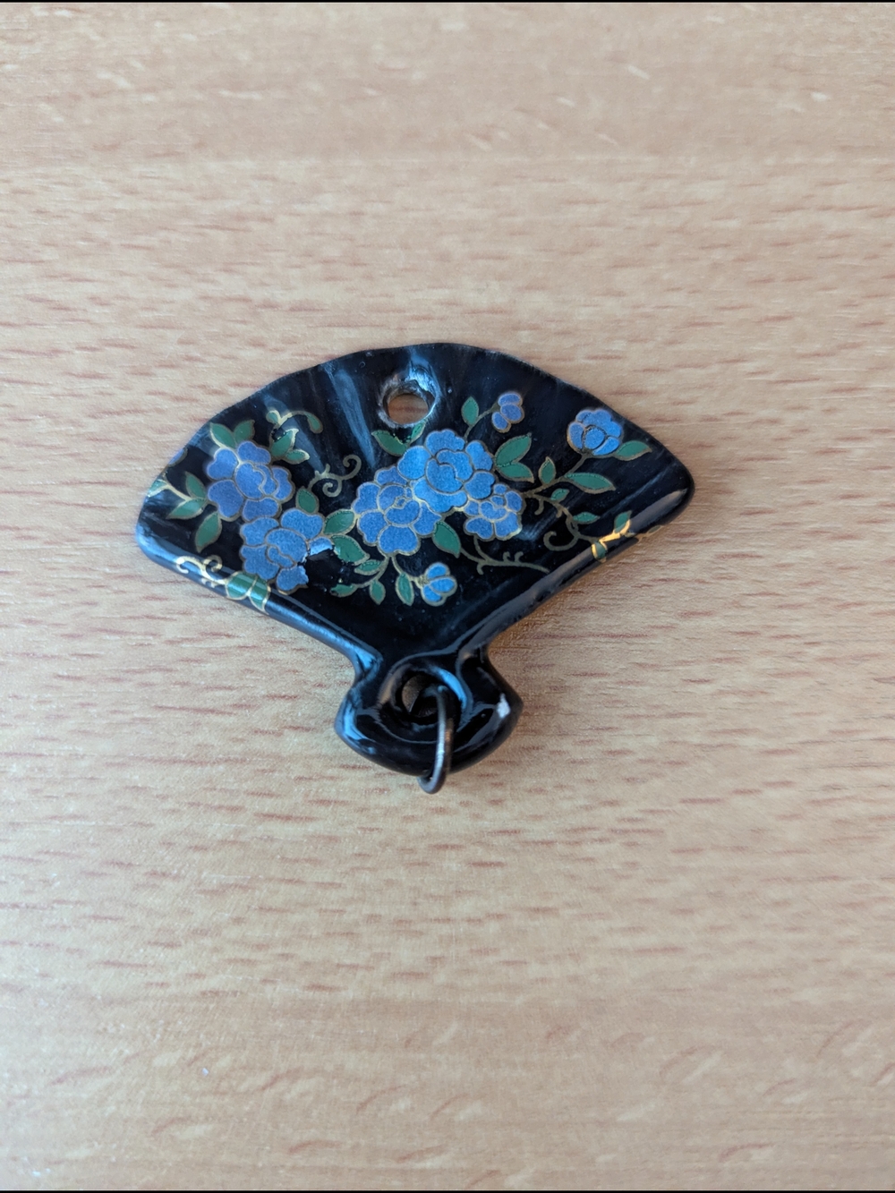 Vintage Fan Pendant Necklace Charm in Black with Blue Floral Enamel